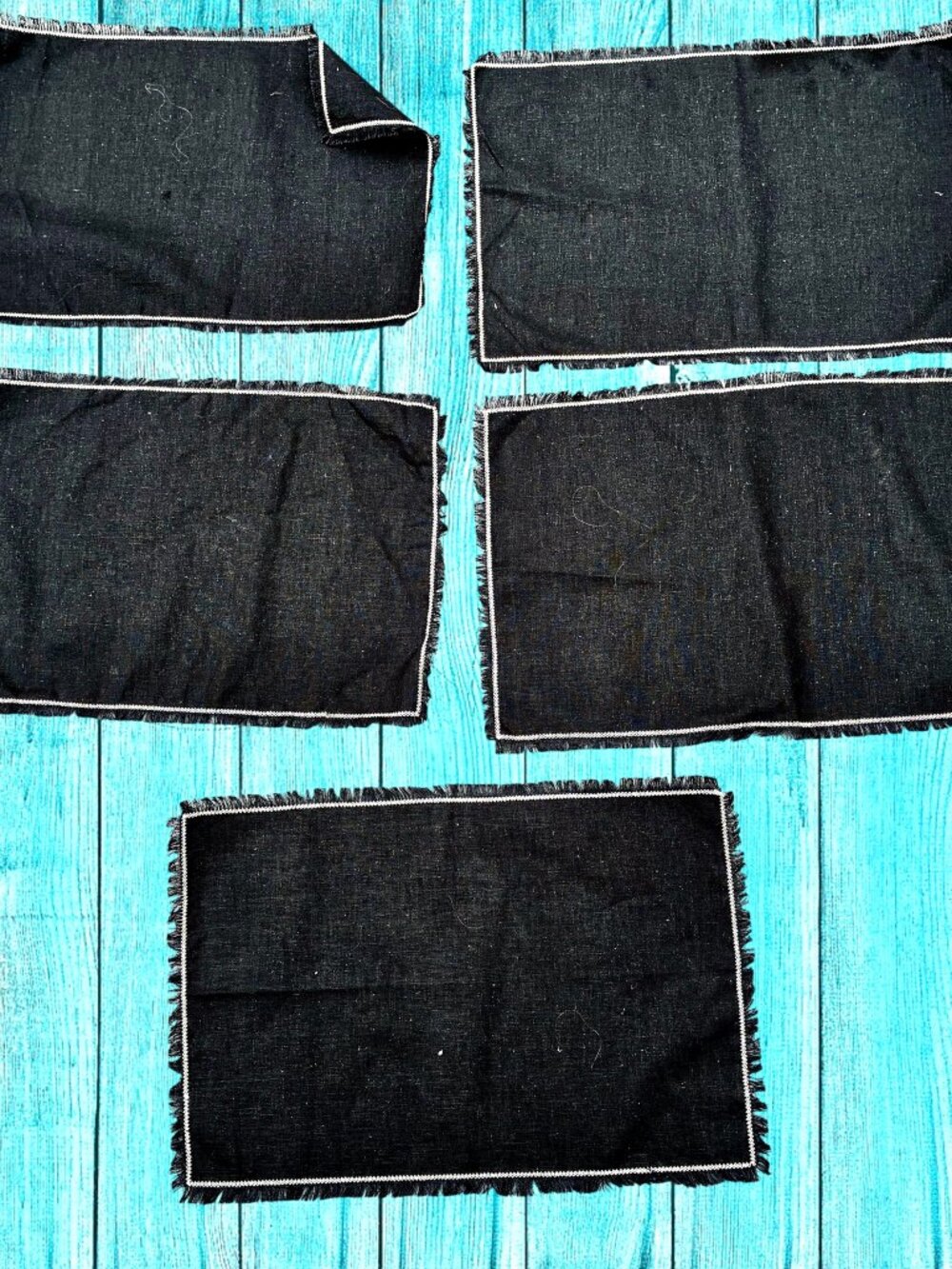 Black Placemats with Fringe Vintage Linen Blend Set of 5 18" x 11"